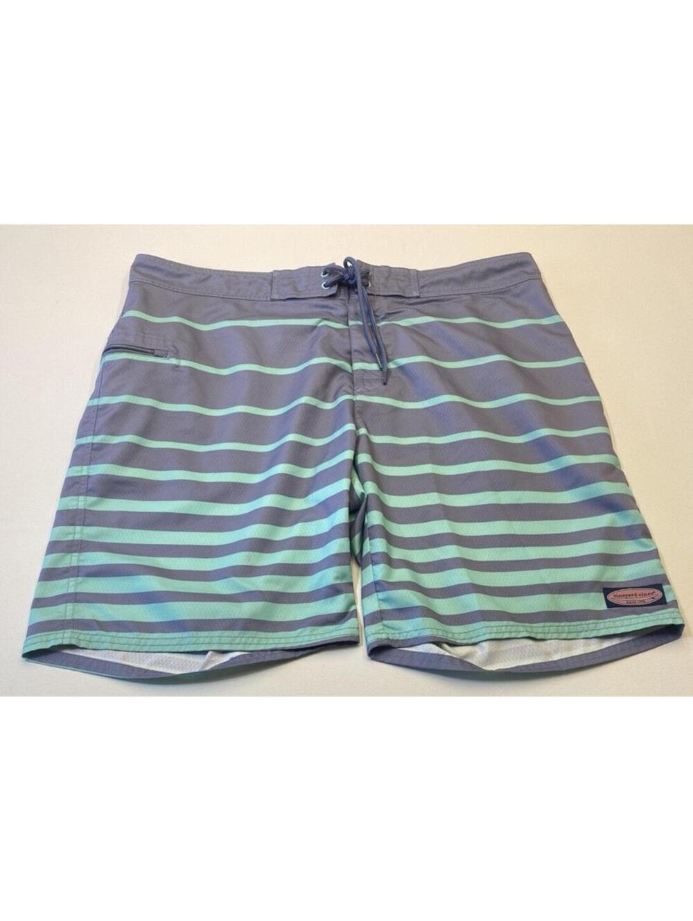 Vineyard Vines Striped Trunks Board Shorts Mens 38 Gray Mint Drawstring 9950